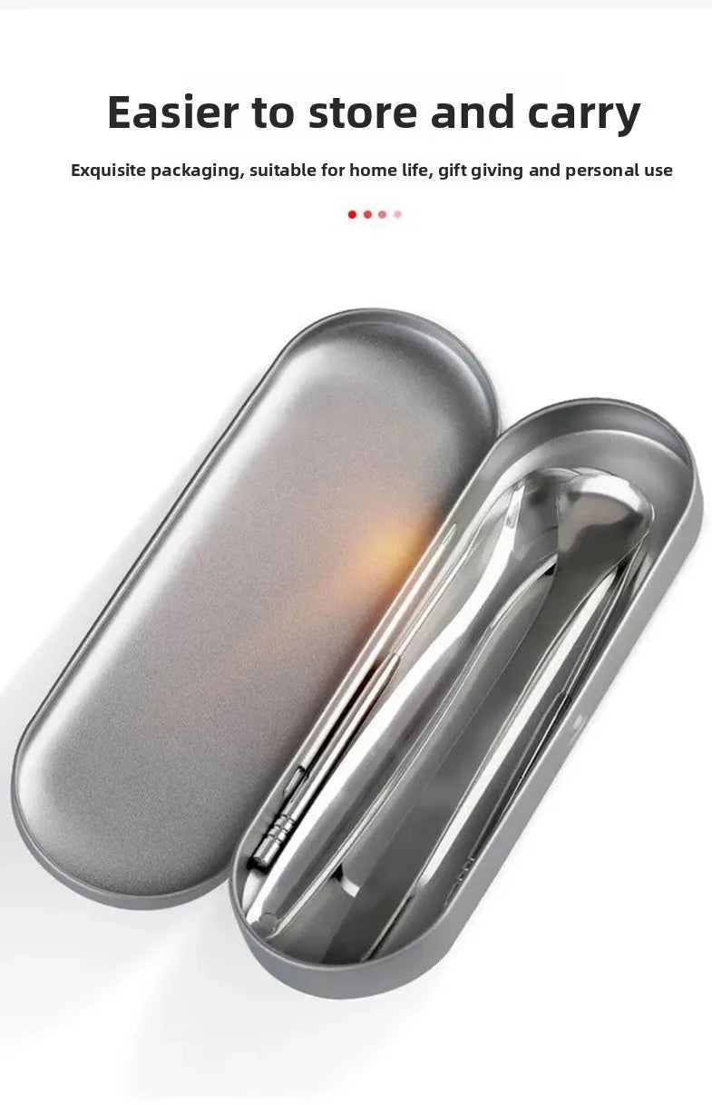 A silver stainless steel U-shaped tongue scraper is shown in a close-up view.