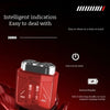 A red mini clear razor device is shown being held by a hand, highlighting its design features.
