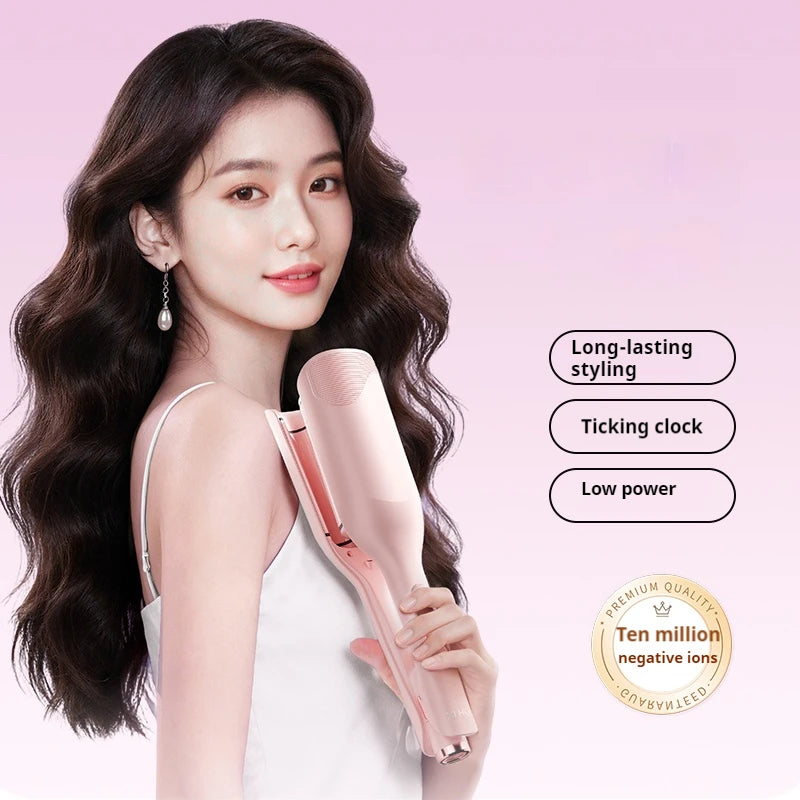 A woman models a pink double barrel curling iron with long dark hair, highlighting its features like long-lasting styling and