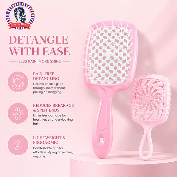 A pink detangling hair comb is shown with a white bristles, highlighting its features for easy detangling.