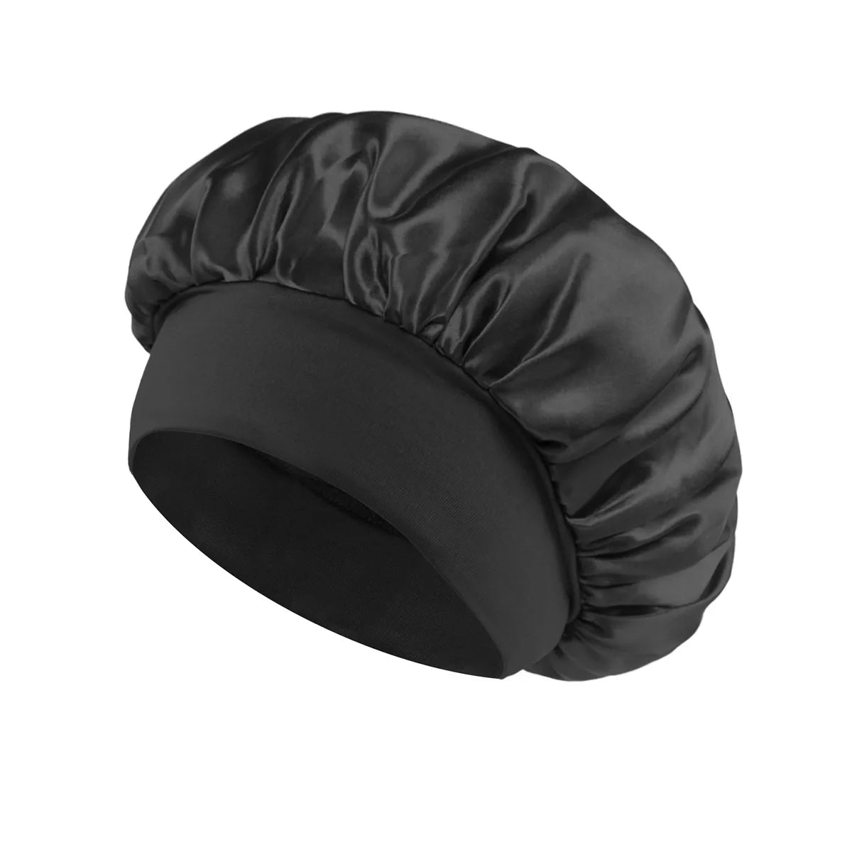 Schwarze Satin-Haube, zusammengebunden und gerollt, zum Nachtschutz.