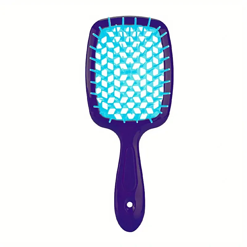 Peine desenredante de dientes anchos morado con dientes azules brillantes.