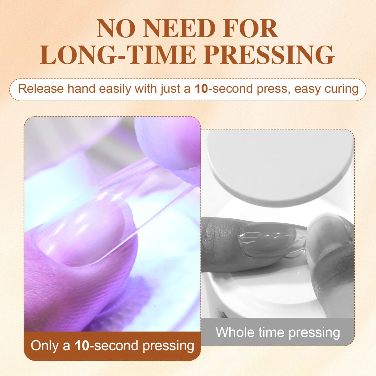 Demonstration showing easy release of a press-on nail with a 10-second press for curing.