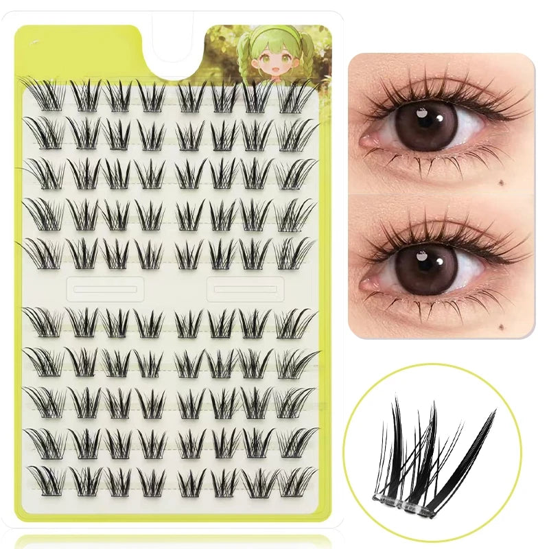 A plastic tray of Dingsen Cluster Eyelash Extensions showing various lash styles and a close-up of individual lashes