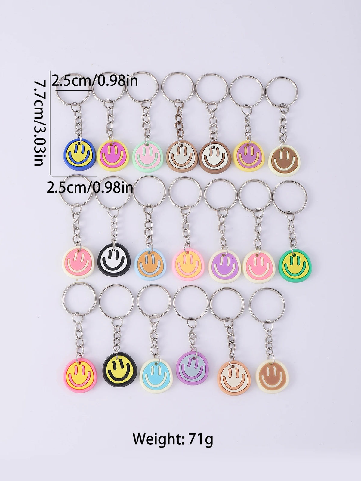 A set of 20 cartoon smile face keychains in various colors and styles, measuring approximately 2.5cm long.