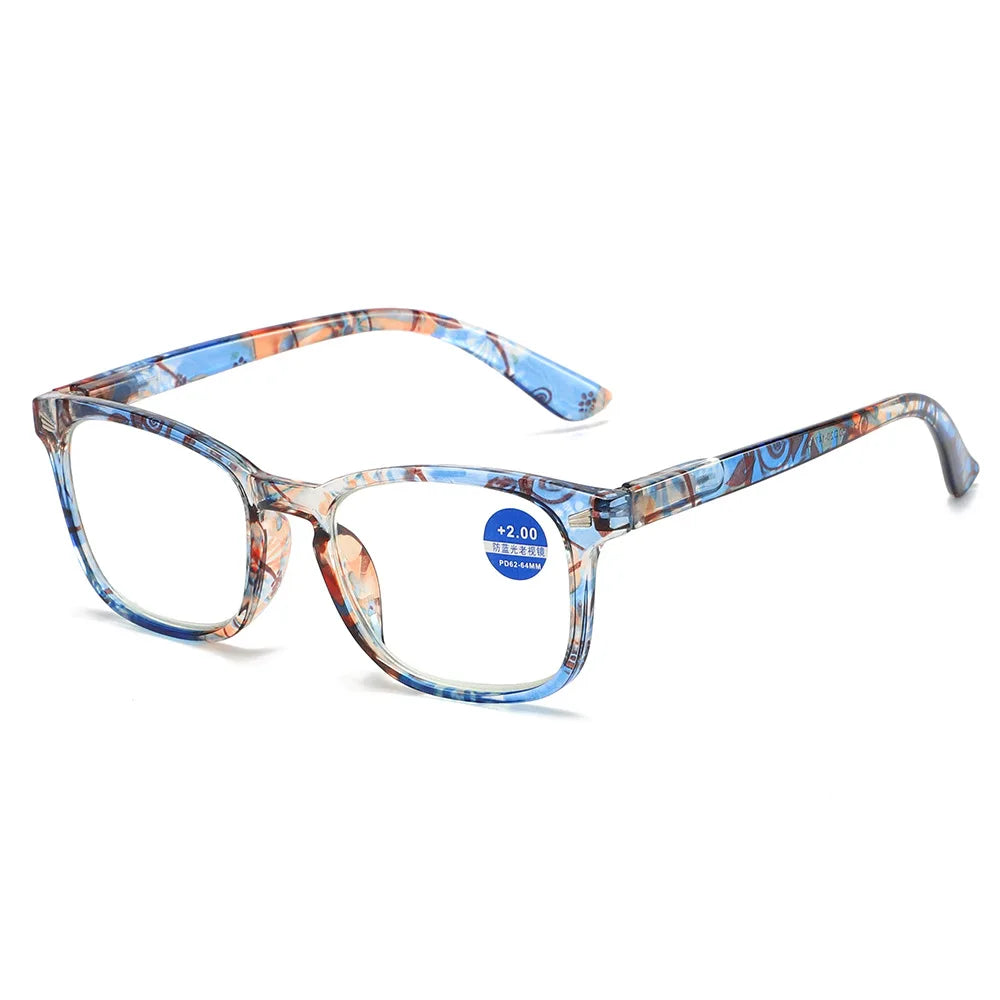 Blue and orange patterned reading glasses with thin metal frames