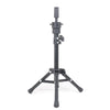 A black adjustable wig stand tripod with a stable base.