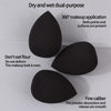 Esponjas de maquillaje negras multidireccionales demostrando aplicación de 360 grados y absorción de polvo fino
