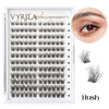 A display of various eyelash clusters for DIY extensions, including a close-up of a single lash and a cluster of wispy lashes