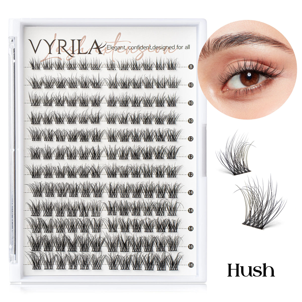 A display of various eyelash clusters for lash extensions, including a close-up eye and a loose cluster.