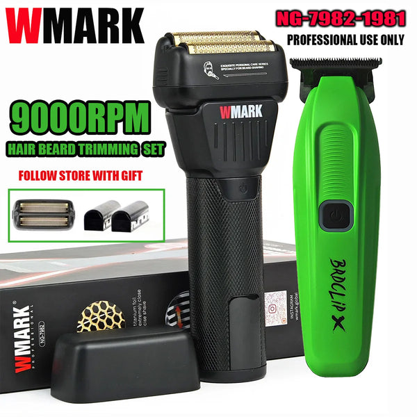 A black electric hair trimmer with a green body and gold accents is shown next to its packaging.