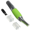 A 2-in-1 rechargeable nose and ear hair trimmer with a green handle and interchangeable trimming heads.