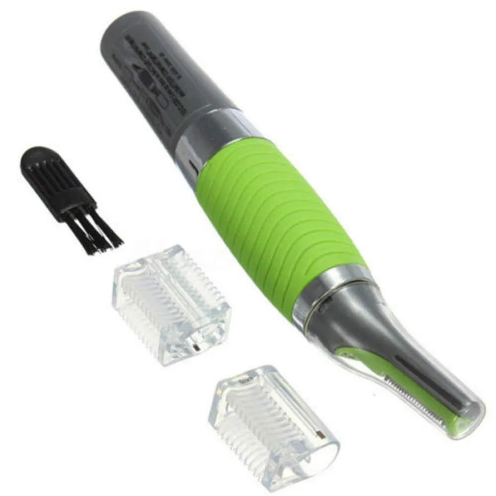 A 2-in-1 rechargeable nose and ear hair trimmer with a green handle and interchangeable trimming heads.
