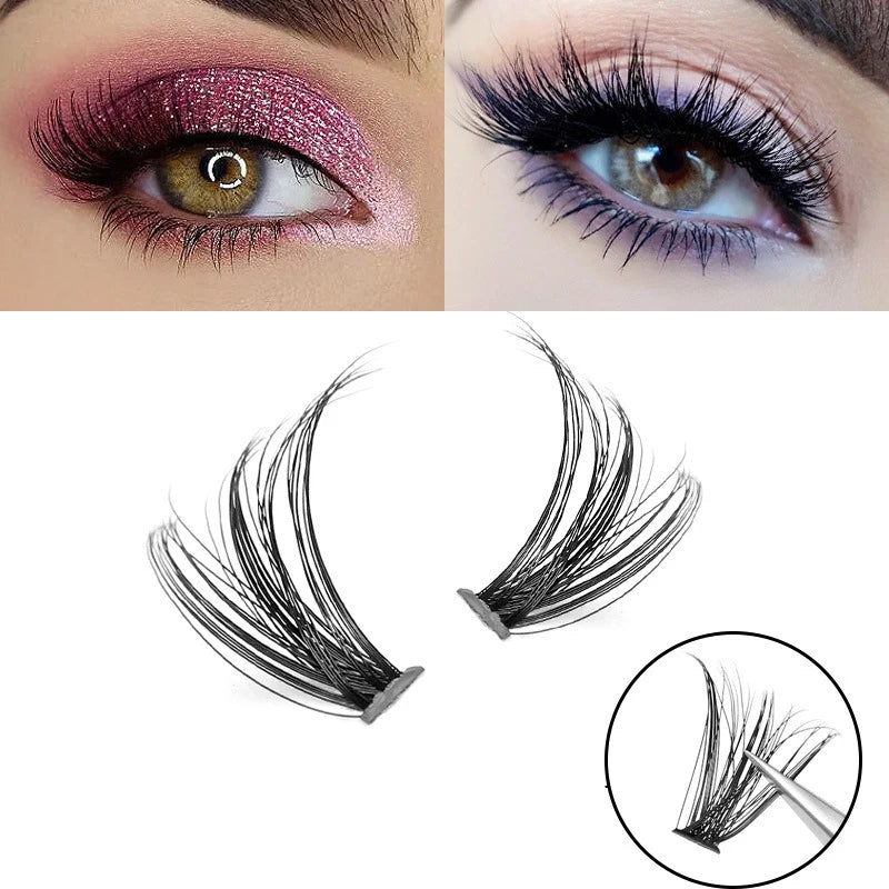 Close-up of a model wearing dramatic pink and purple eyeshadow paired with long, fan-shaped mink cluster lashes.