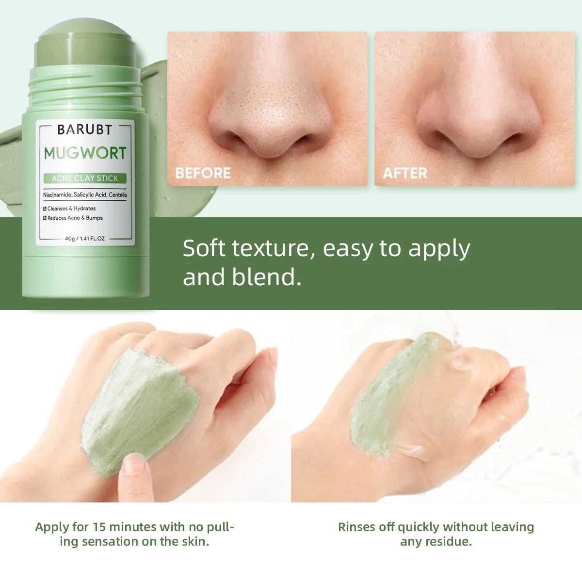 A stick of Mugwort acne clay mask is shown next to before and after images demonstrating its use.