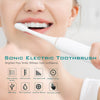 A woman is using a white sonic electric toothbrush, highlighting features like high-frequency vibration and intelligent timin