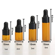 A set of five amber glass dropper bottles with black caps and various volume markings, showing different sizes.