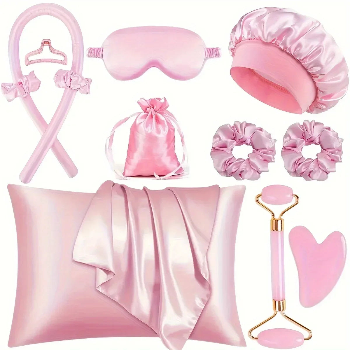 A pink heatless curling kit featuring silk accessories including a hair tool, a pink pad, and pink rollers.