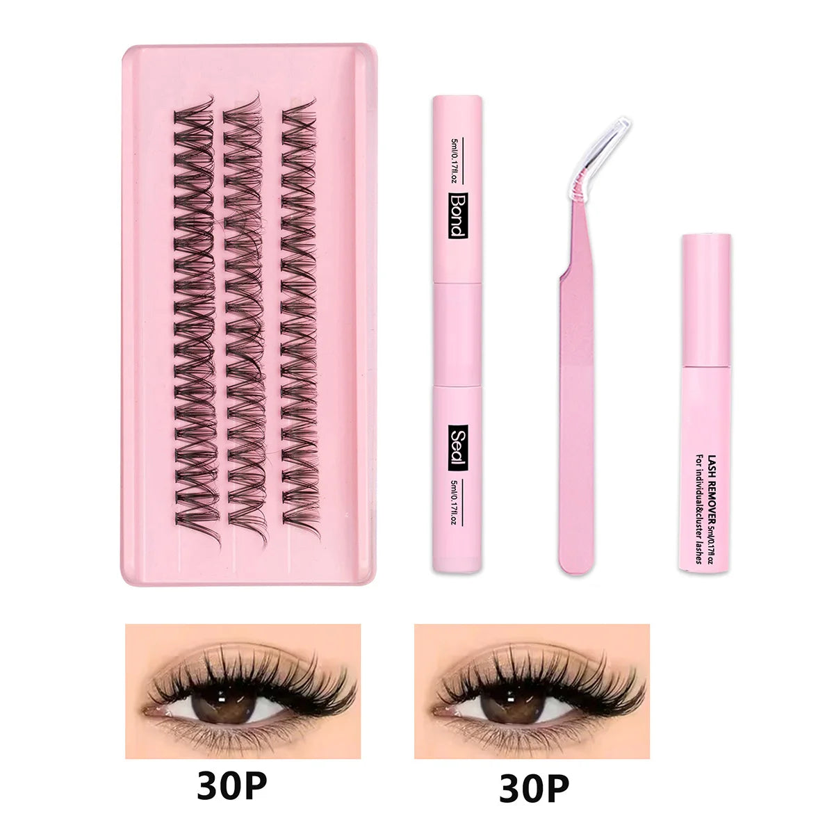 A kit for DIY eyelash clusters featuring pink lash extensions and a clear tool.