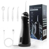 A black portable electric oral irrigator with various tips and cleaning modes displayed on a box.