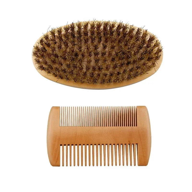 A set of professional boar bristle beard and mustache combs, featuring a round comb and a straight comb.