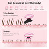 A pink electric trimmer and shaver are shown with diagrams illustrating where they can be used on the body.