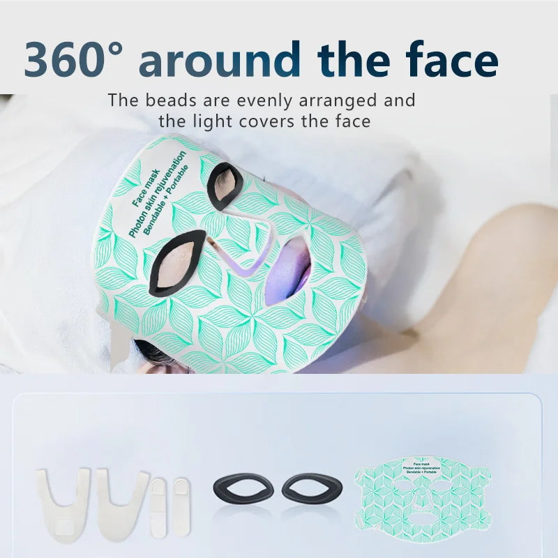 A face mask with evenly arranged beads is shown covering a person's face, demonstrating 360 degree light coverage.