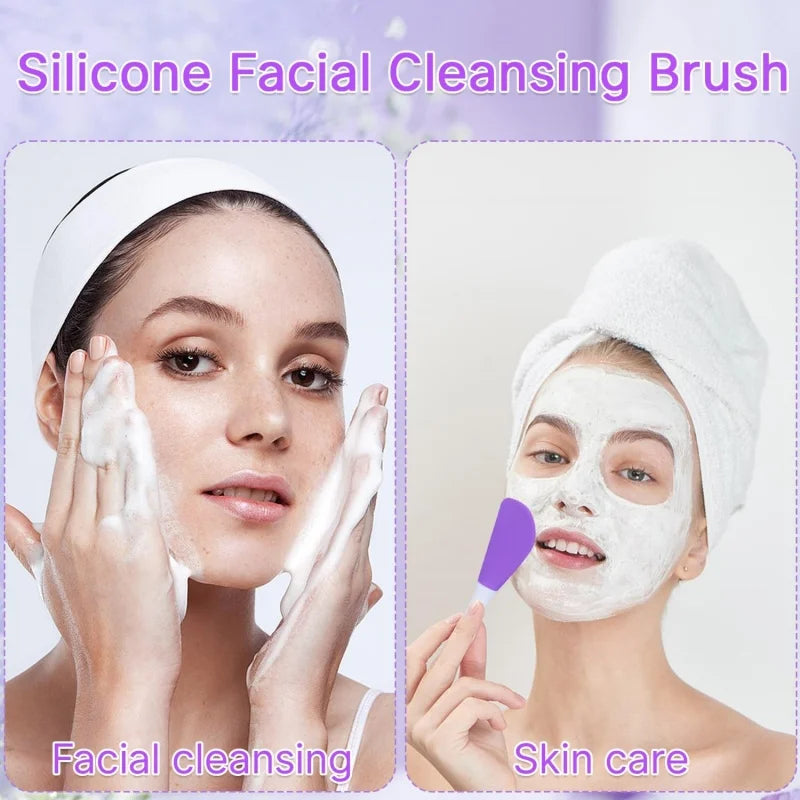 A woman is using a silicone facial cleansing brush for facial cleansing and skin care.