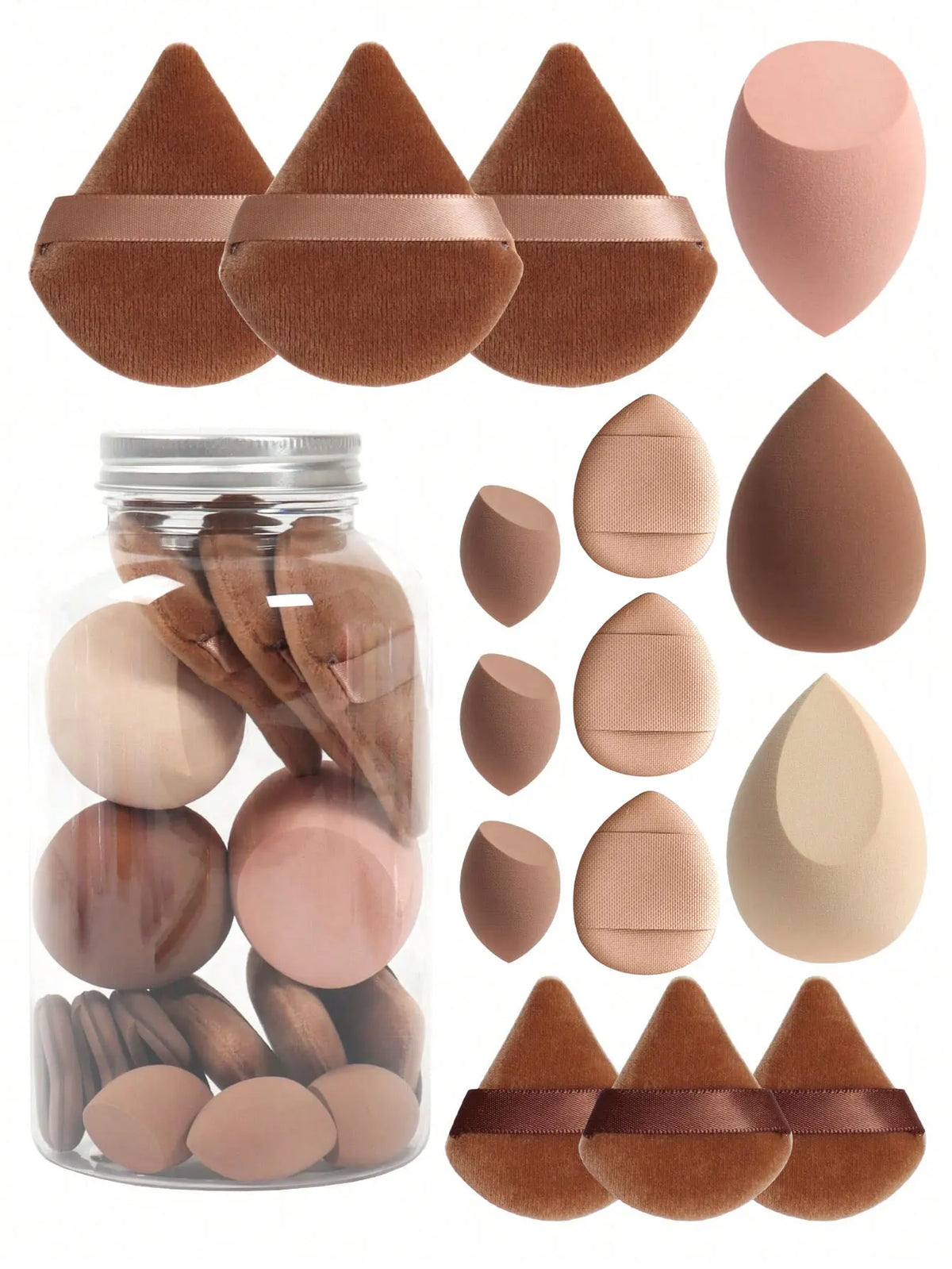 A collection of 15 makeup sponges in various shades and shapes, including a glass jar for storage.