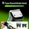 Close-up view of an R-Type Round Blade Head on a precision rechargeable beard trimmer with suction design.