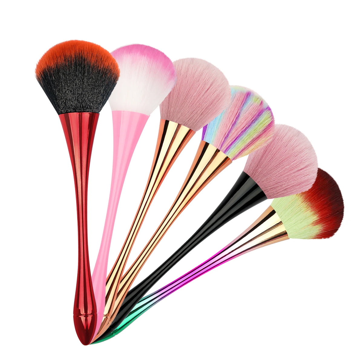 A set of rose gold dusting and makeup removal brushes with various pink, red, and green bristles.