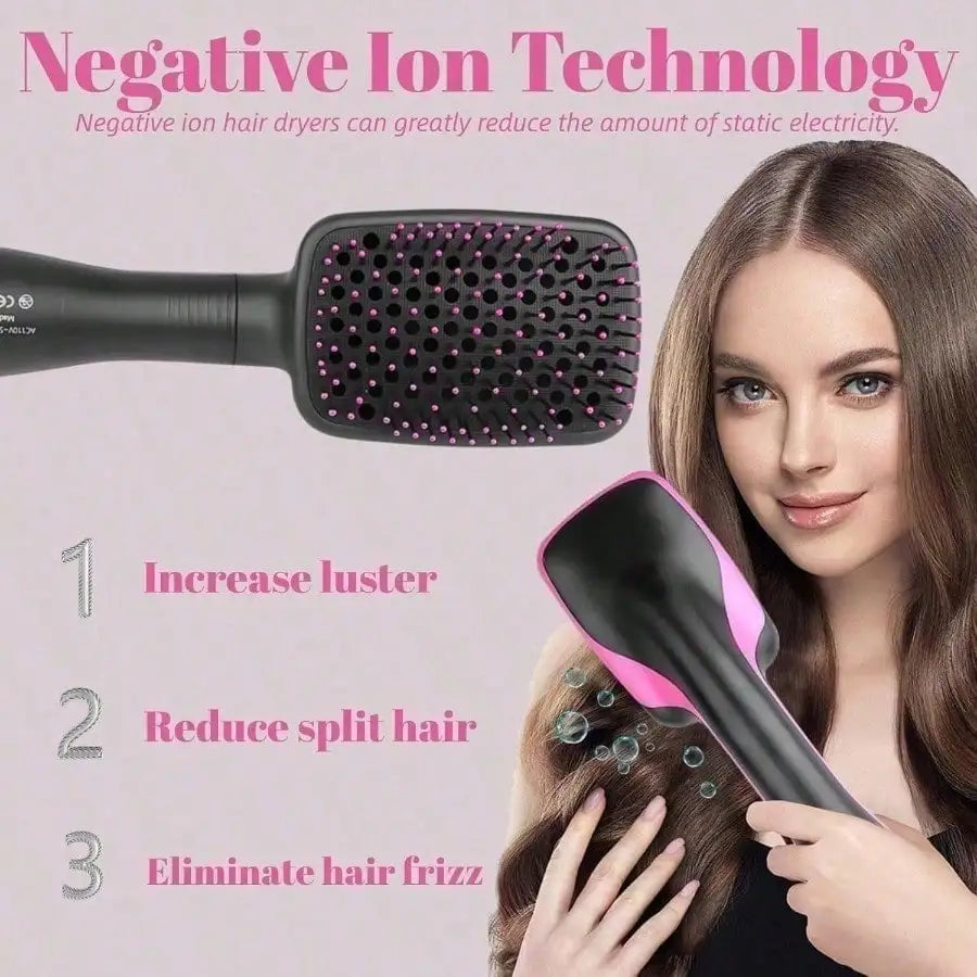 A woman holds a black negative ion hair dryer, demonstrating its use for hair styling.