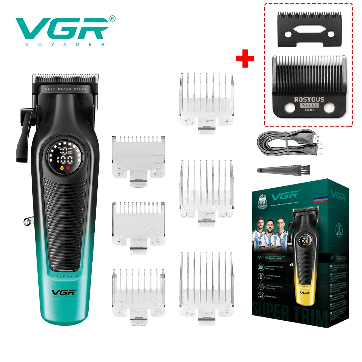 A VGR Voyager professional cordless hair clipper set including the main unit and multiple replacement ceramic blades.