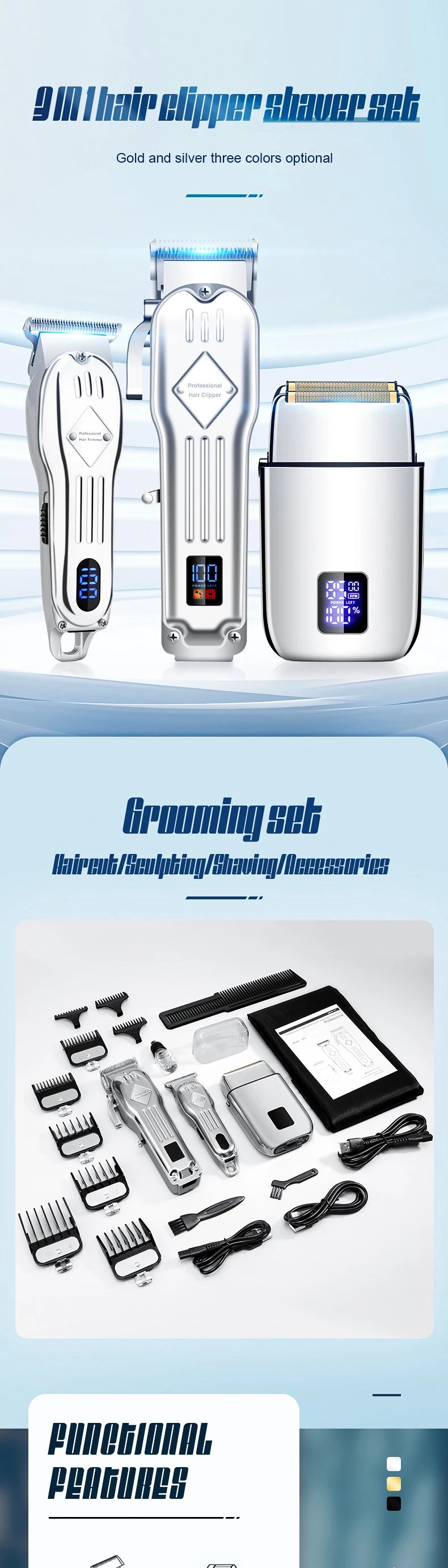 A set of gold and silver electric hair clippers and shavers for grooming.