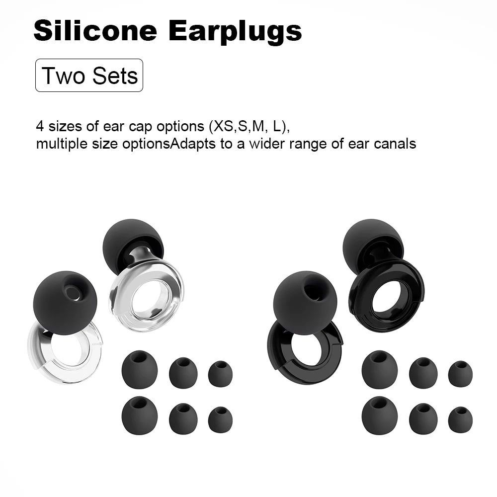 Collection de bouchons d'oreille en silicone noirs, de différentes tailles et styles, y compris des capsules et des anneaux.
