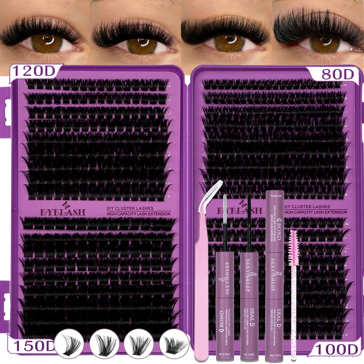A set of DIY eyelash cluster lashes shown in various lengths and styles for eye enhancement.
