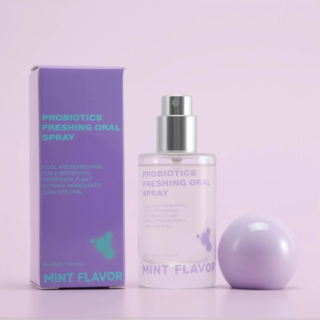A purple box and glass spray bottle of probiotics for oral spray with a mint flavor and a purple ball.