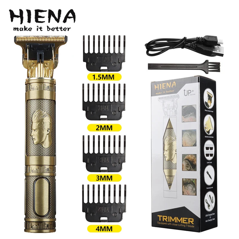 A set of HIENA electric hair clippers with various guard sizes from 1.5mm to 4mm shown next to the main unit.