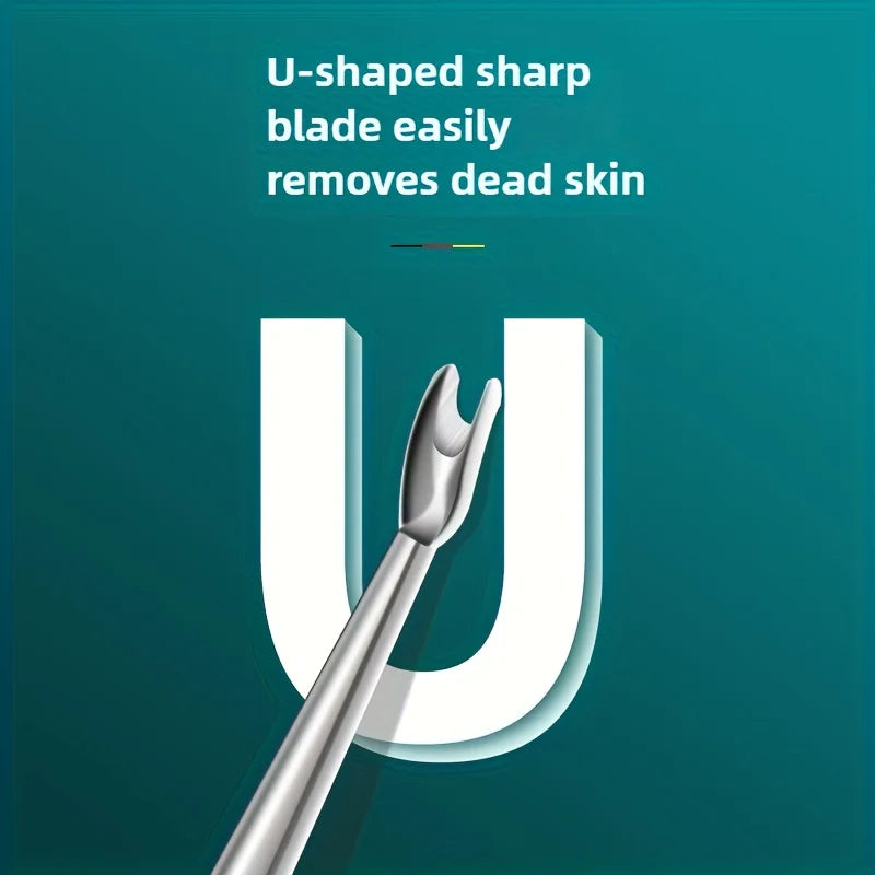 A stainless steel U-shaped cuticle pusher tool against a teal background.