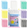 A collection of colorful hydrocolloid acne patches in various patterns and colors, including yellow, pink, blue, green, purpl