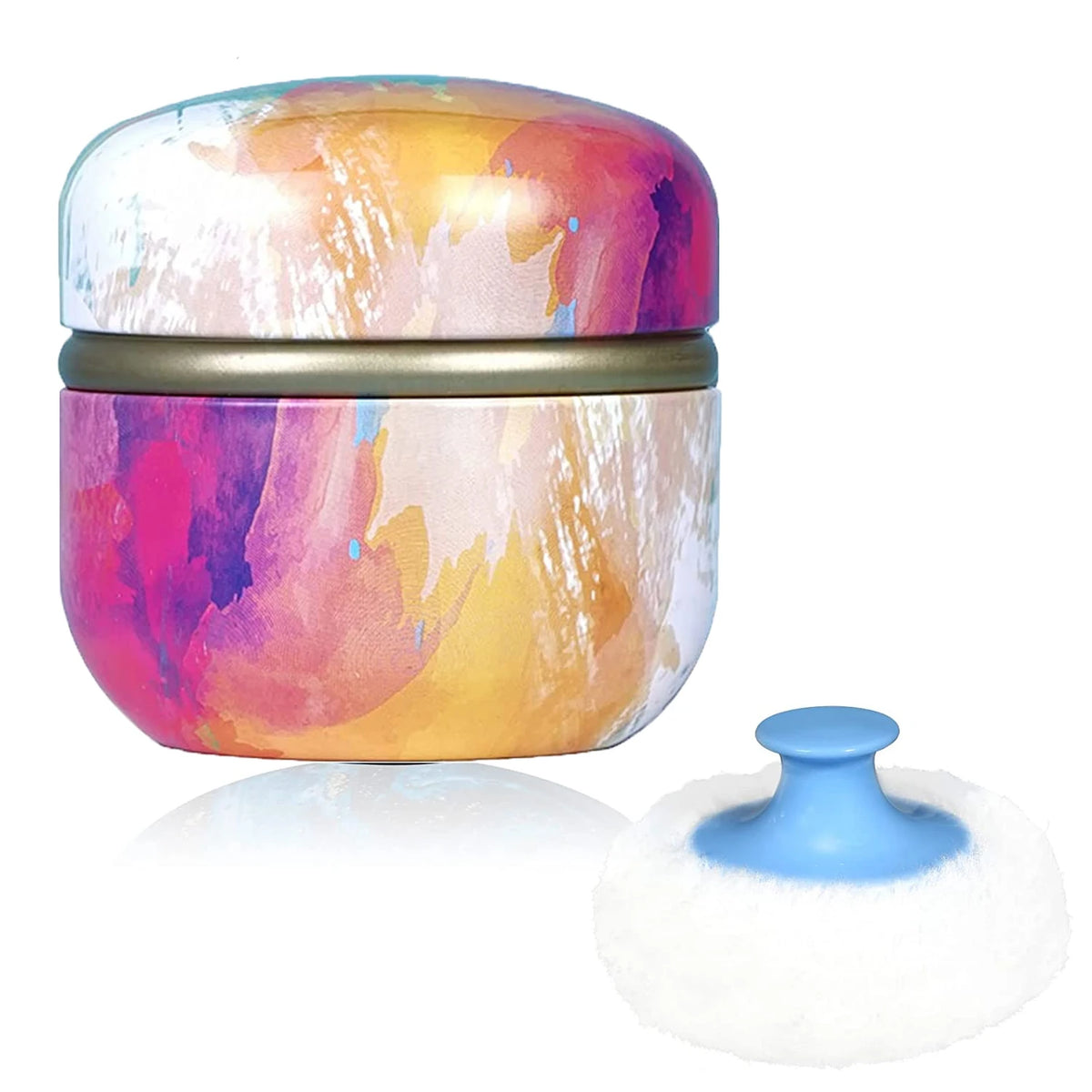 Poudrier et boite de maquillage portable ronde et colorée avec un dégradé rose, violet et jaune.