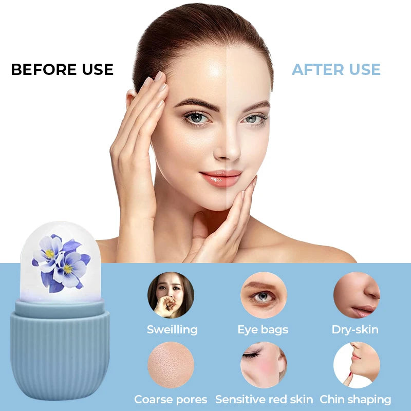 Comparaison avant/après montrant l'utilisation d'un rouleau à glace en silicone pour le contouring et le massage du visage