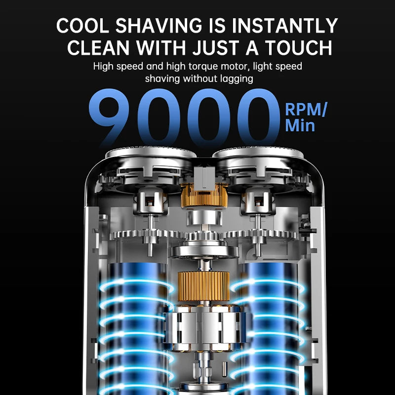 Close-up view of a silver electric shaver with blue light accents, highlighting the motor and shaving mechanism.