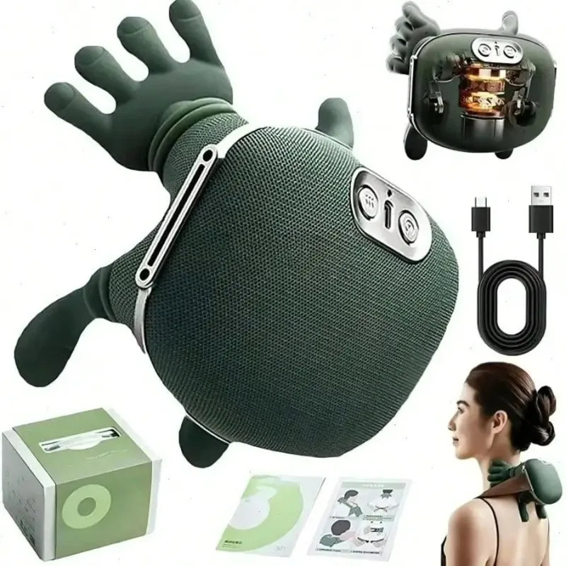 A dark green 4D shiatsu neck and shoulder massager with heat, shown alongside its packaging and usage instructions.
