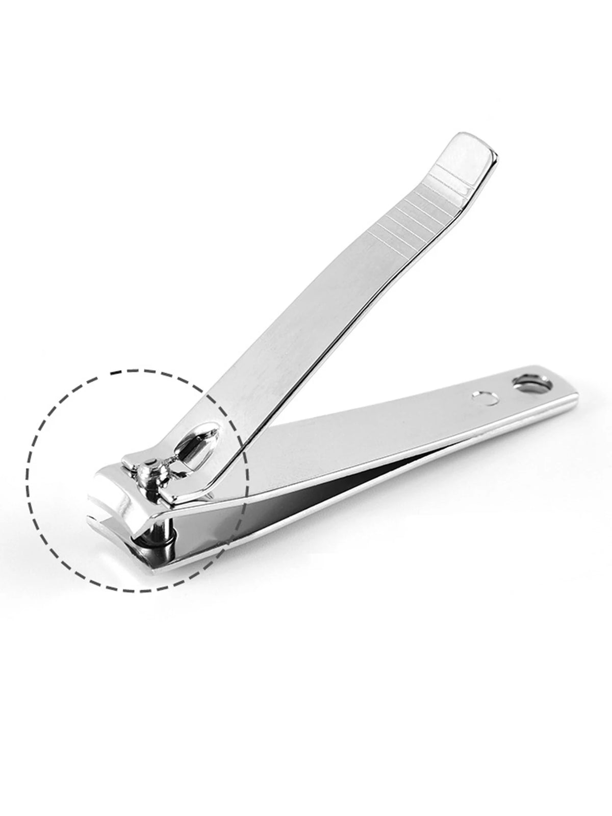 A close-up view of a premium stainless steel nail clipper with a hinged design.