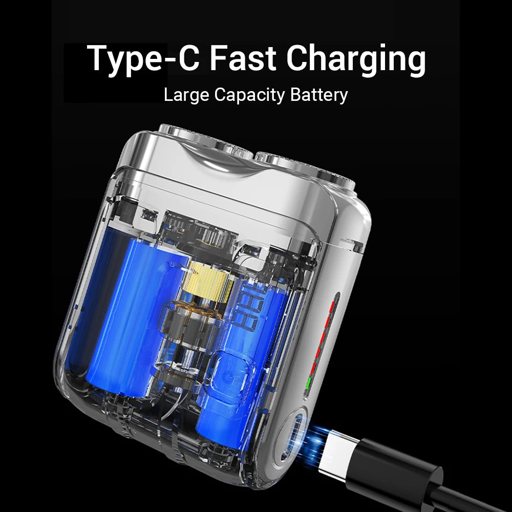 A close-up view of a Type-C fast charging battery pack connected to a shaver charger.
