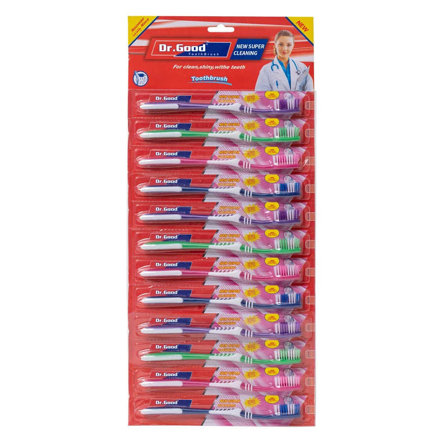 Un pack de dix brosses à dents Dr.Good nouvelles, en emballage rose et blanc.