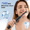 A woman is using a black electric toothbrush to clean her teeth, with an inset showing the bristles and a tooth.