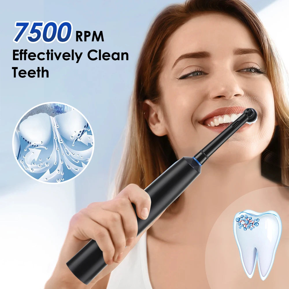A woman is using a black electric toothbrush to clean her teeth, with an inset showing the bristles and a tooth.