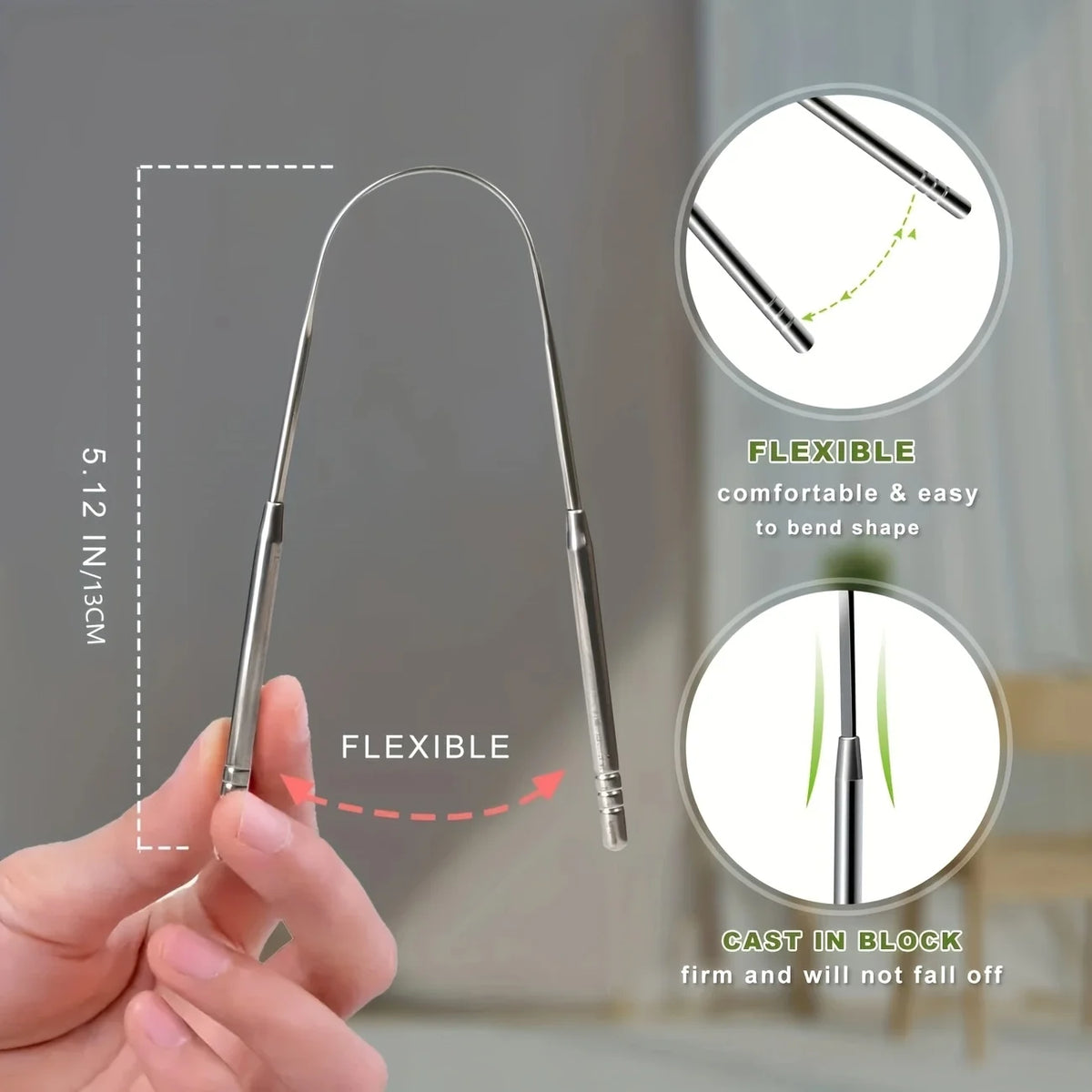 Stainless steel tongue scraper set showing flexibility and cast in block features for oral hygiene